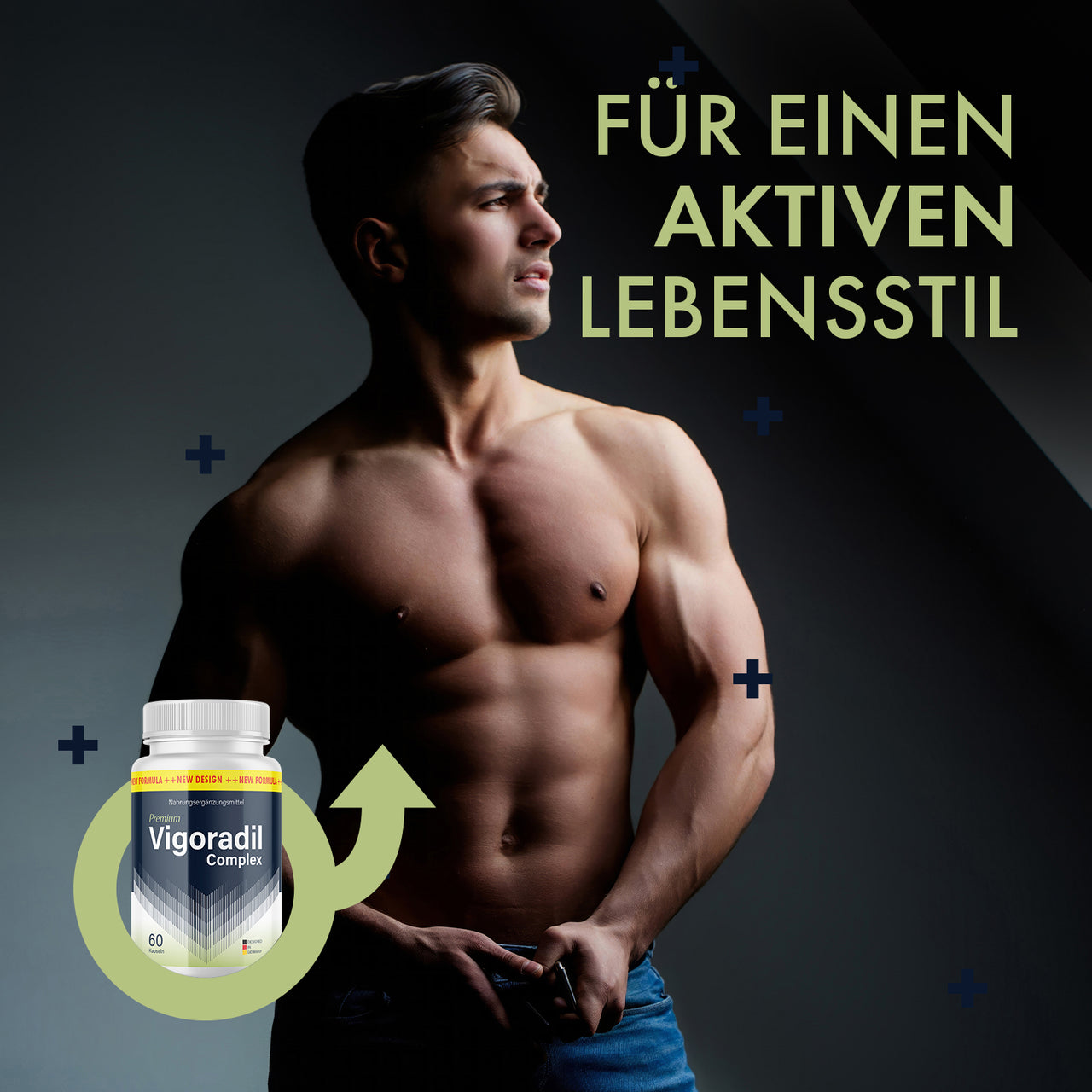 Vigoradil Complex Dose neben Mann mit freiem Oberkörper und Schriftzug Für einen aktiven Lebensstil
