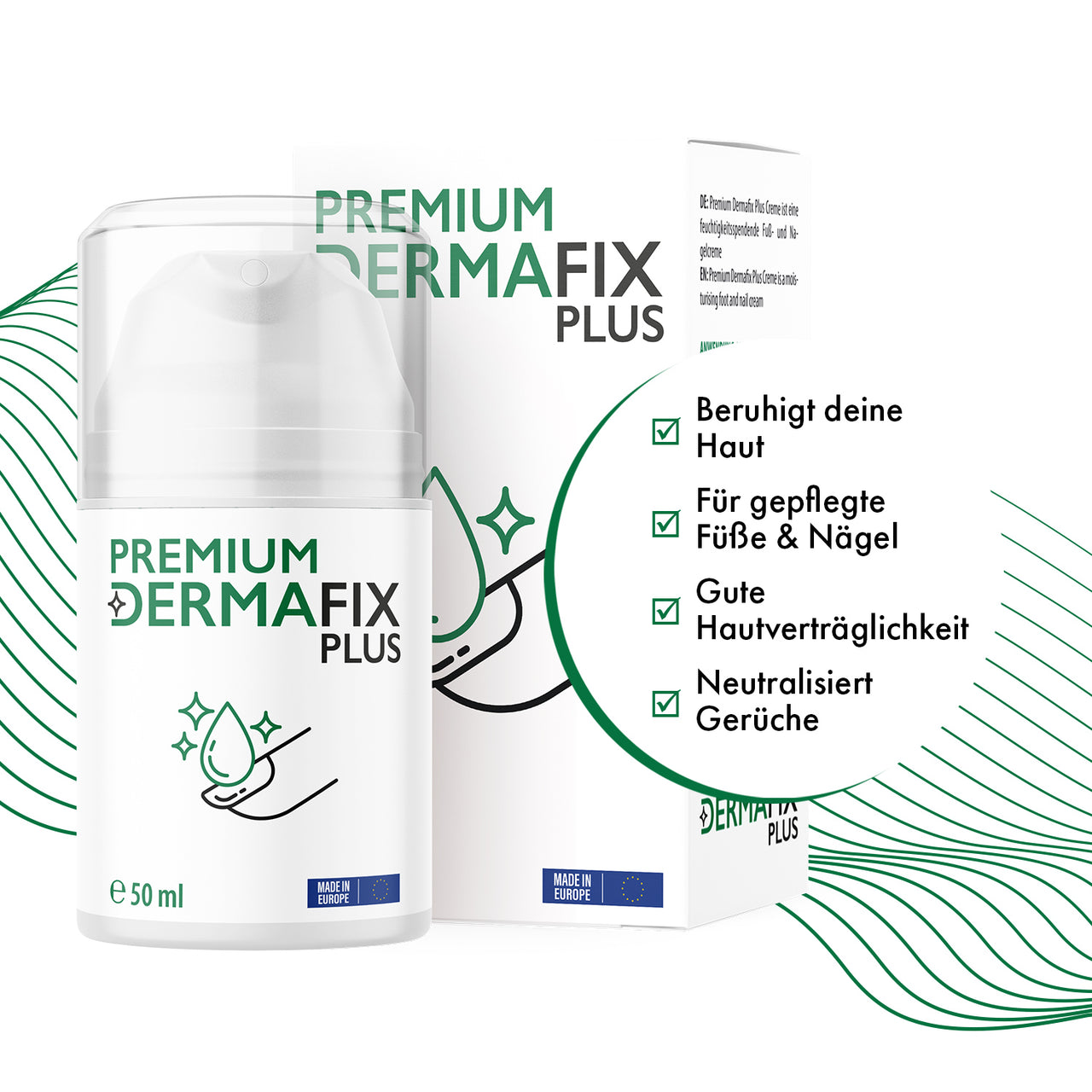 Premium Dermafix Plus als Pumpspender mit Verpackung und Hinweisen zu Haut, Füßen und Nägeln