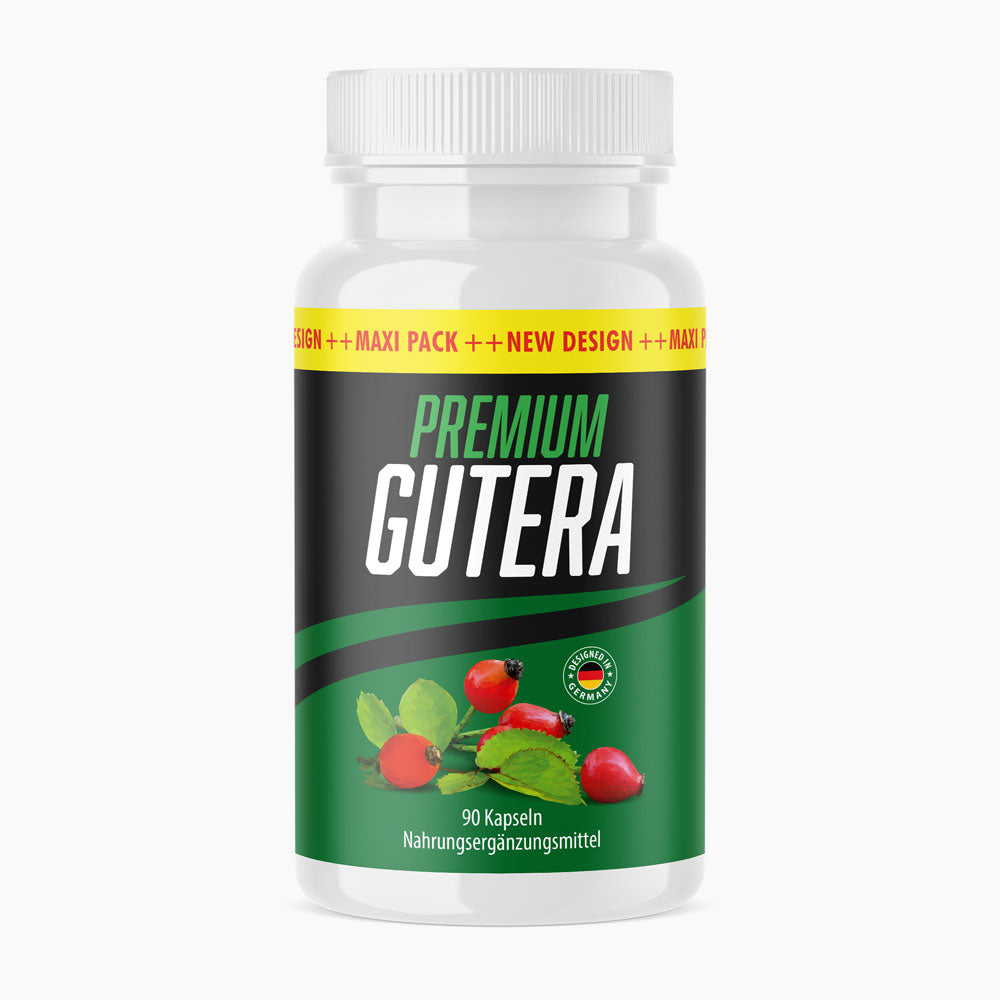 Premium Gutera Nahrungsergänzungsmittel mit 90 Kapseln in weißer Dose mit grünem Etikett im Bild