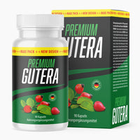 Thumbnail for Produktbild von Premium Gutera Kapseln mit weißer Dose, grüner Verpackung und roten Hagebutten