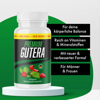 Thumbnail for Premium Gutera Kapseldose auf Podest mit Hinweisen zu Balance, Vitaminen und Mineralstoffen