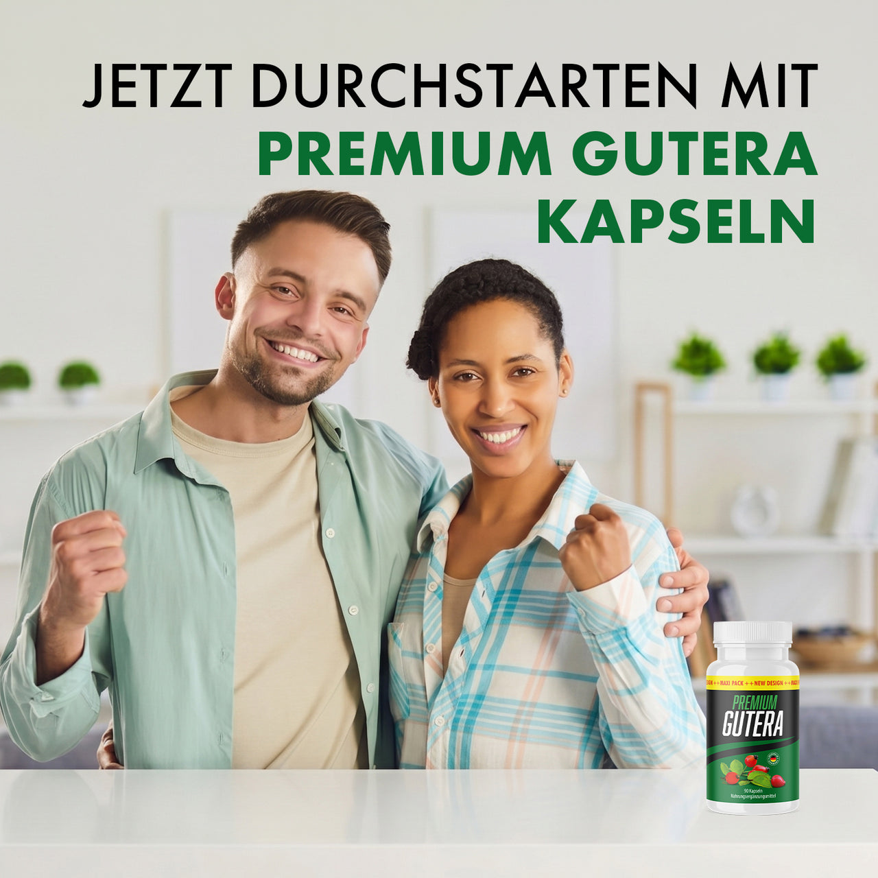 Lächelndes Paar mit Premium Gutera Kapseln und Slogan zum Durchstarten auf heller Wohnszene