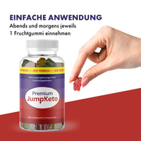 Thumbnail for Hand hält rotes Fruchtgummi neben Premium Jump!Keto Dose mit einfachem Anwendungshinweis oben