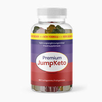 Thumbnail for Transparente Dose Premium Jump!Keto mit bunten Fruchtgummis und rotem Etikett vorne gezeigt