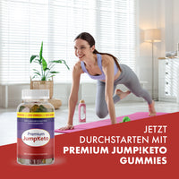 Thumbnail for Frau trainiert auf Yogamatte im hellen Raum, links Premium Jump!Keto Gummies Dose im Vordergrund