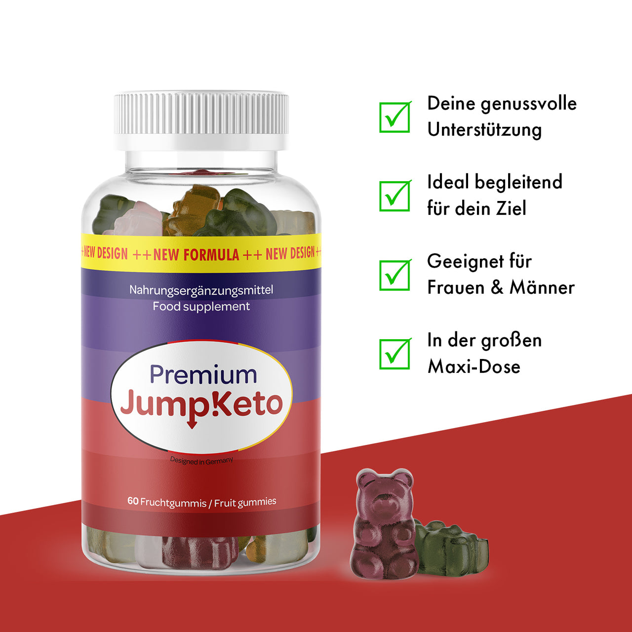 Premium Jump!Keto Fruchtgummis in transparenter Dose mit Vorteilen und Gummies rechts gezeigt