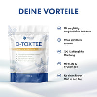 Thumbnail for Provilea D-Tox Tee als Produktgrafik mit Beutel und fünf stichpunktartig genannten Vorteilen