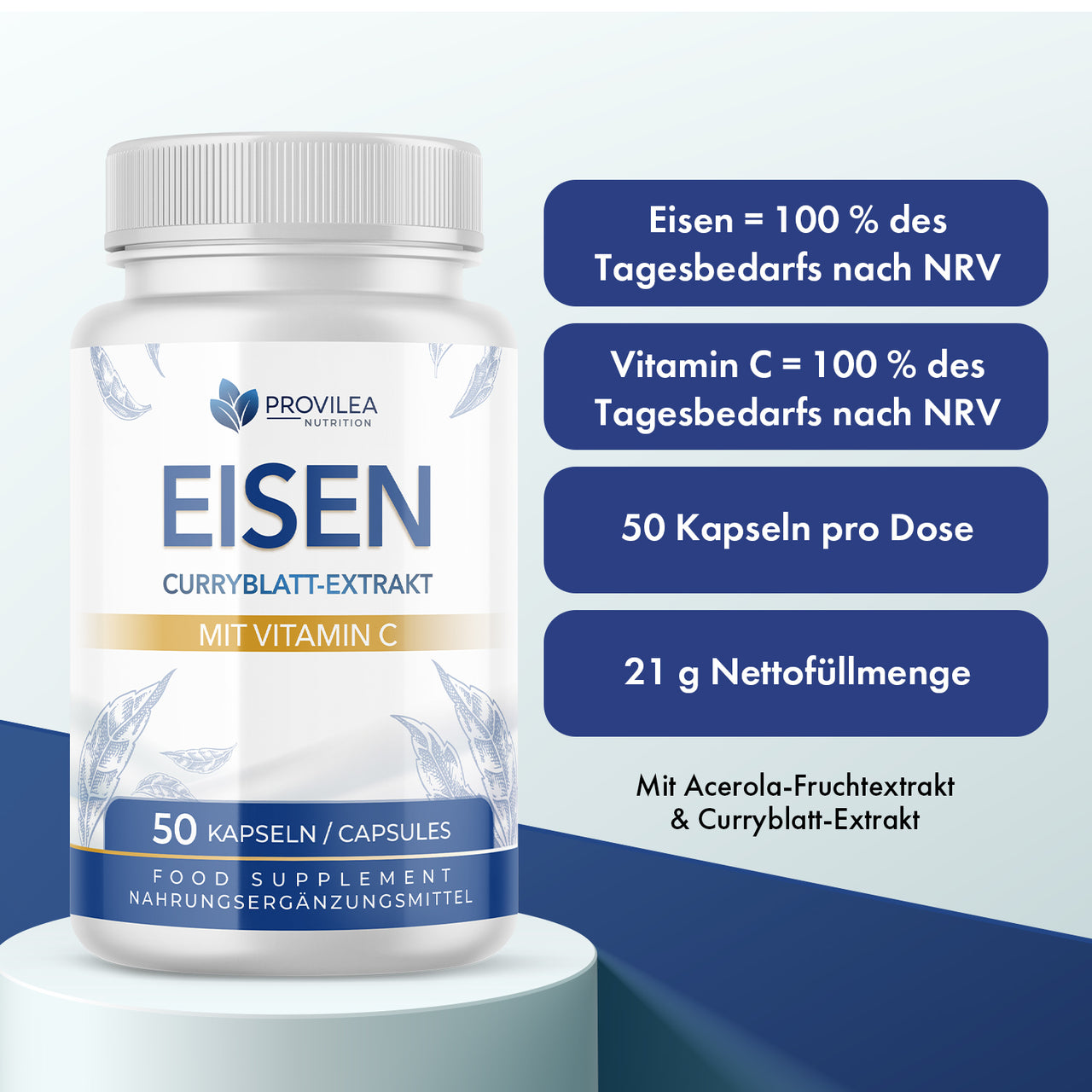 Provilea Eisen Dose mit Vitamin C, 50 Kapseln und blauen Hinweisfeldern