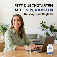 Thumbnail for Provilea Eisen Kapseln mit Vitamin C neben Frau am Laptop und Schrift täglicher Begleiter