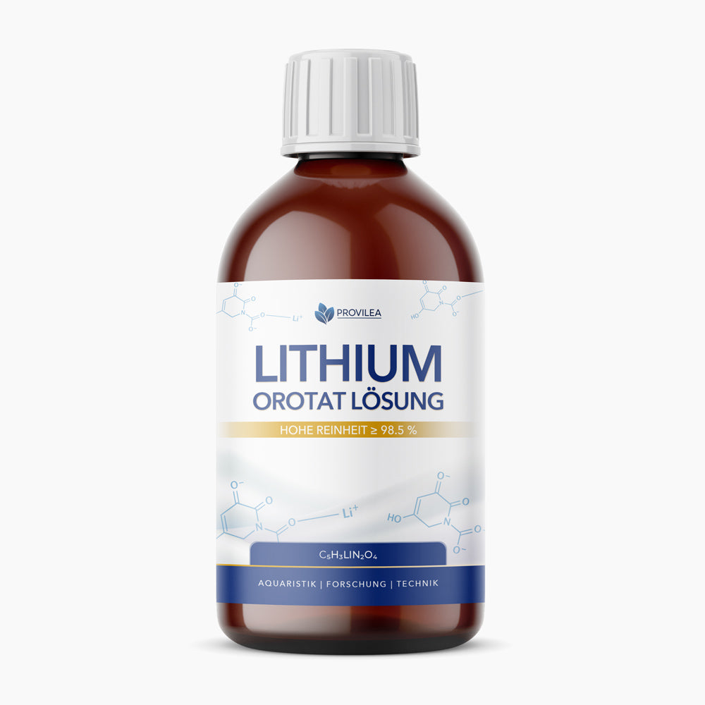 Braune Lithium Orotat Lösung Flasche mit weißem Deckel und blau-weißem Etikett auf hellem Grund