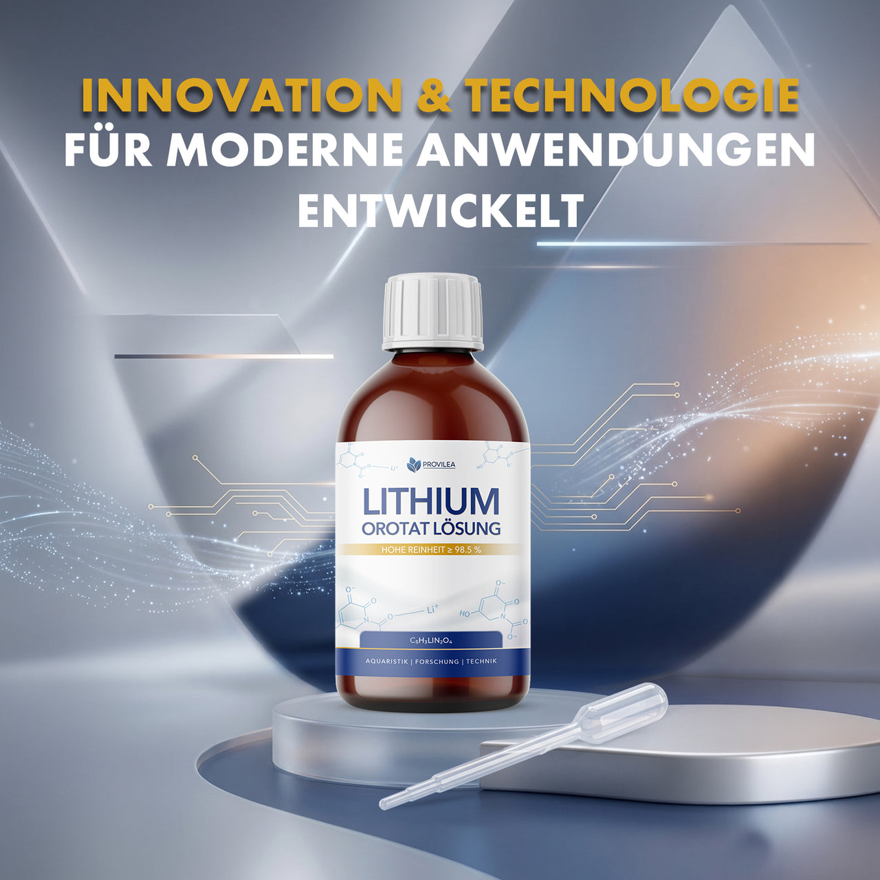 Lithium Orotat Lösung Flasche neben Pipette, mit grafischen Linien und Schriftzug im Bild oben