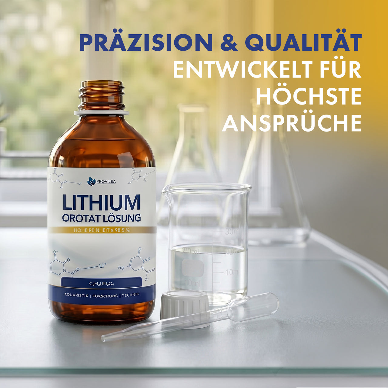 Braune Lithium Orotat Lösung Flasche mit Becherglas, Pipette und Laborgefäßen im Hintergrund