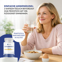 Thumbnail for Frau mit Glas Wasser am Tisch, Dose Provilea Nutrition Lungenkraut 1500 mg, Text Einfache Anwendung