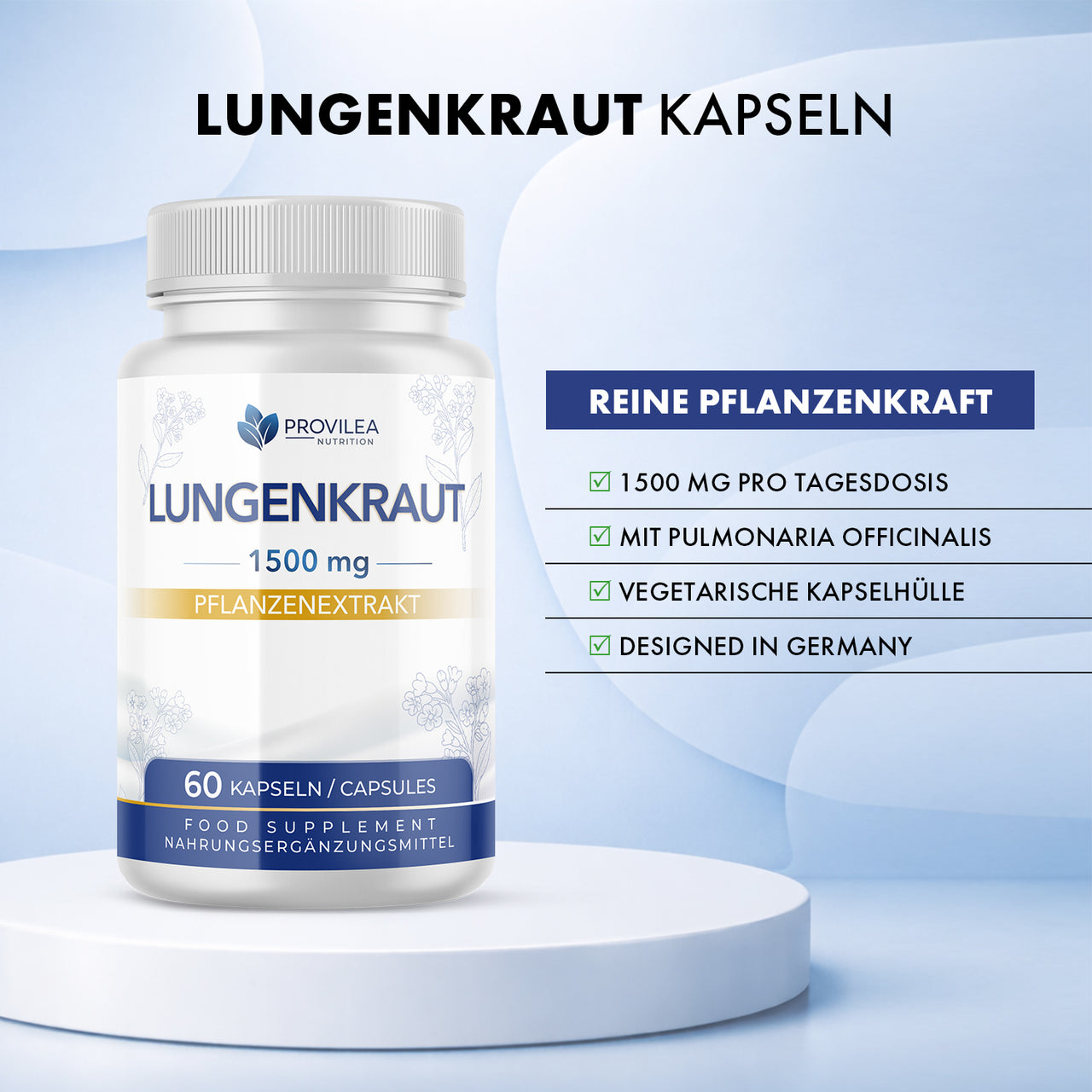 Dose Provilea Nutrition Lungenkraut 1500 mg Pflanzenextrakt, 60 Kapseln, Text Lungenkraut Kapseln