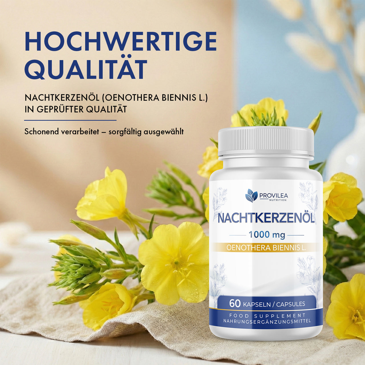 Nachtkerzenöl 1000 mg Dose neben gelben Blüten, Text Hochwertige Qualität