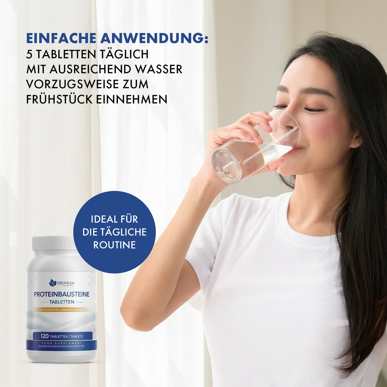Dose Provilea Nutrition Proteinbausteine Tabletten neben Frau, die Wasser aus einem Glas trinkt