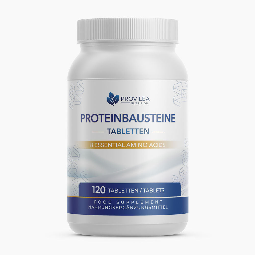Weiße Dose Provilea Nutrition Proteinbausteine Tabletten mit Hinweis auf 8 essentielle Aminosäuren