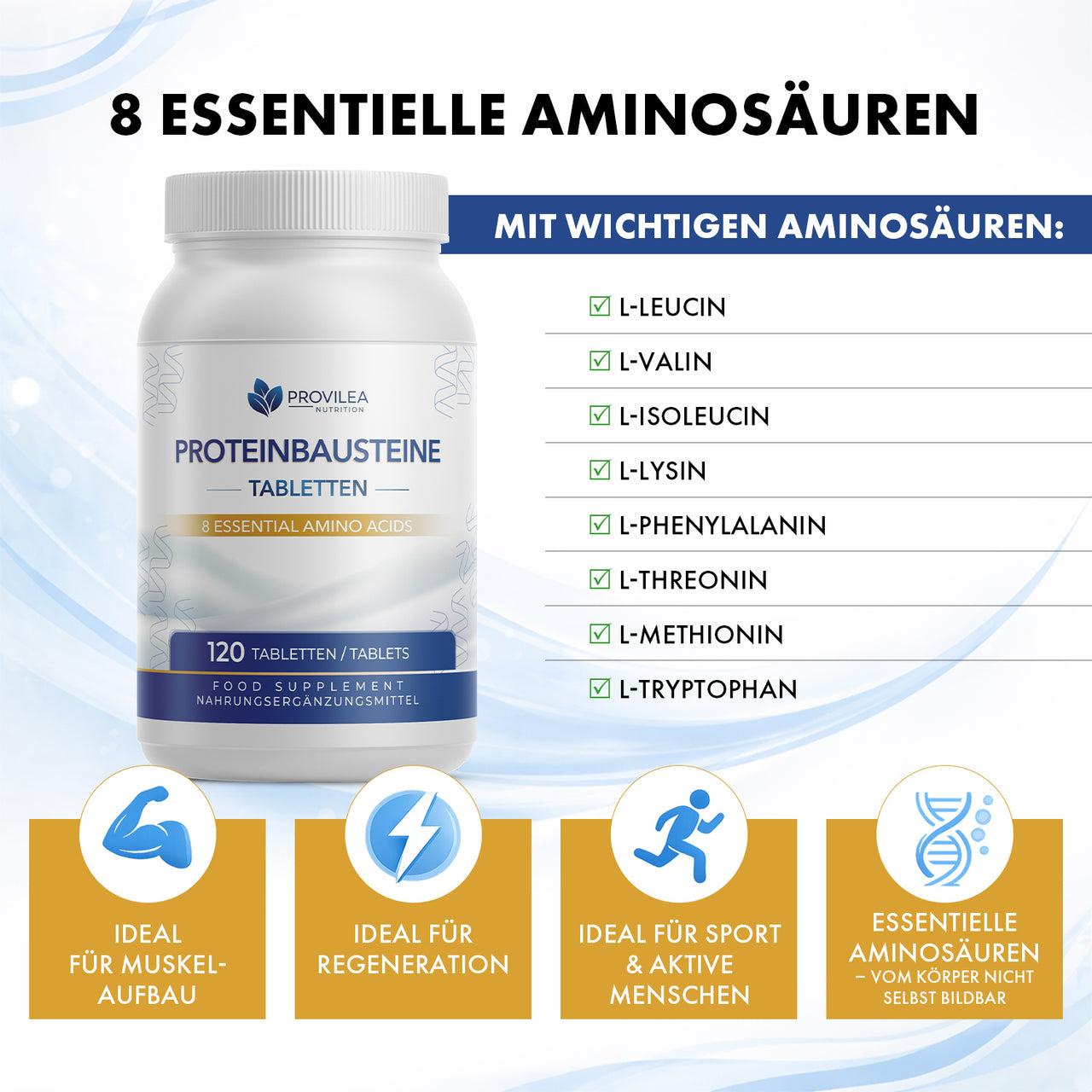 Dose Provilea Proteinbausteine Tabletten mit Liste von 8 essentiellen Aminosäuren und Infopunkten