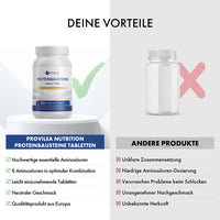 Thumbnail for Vergleichsgrafik mit Provilea Nutrition Proteinbausteine Tabletten und Listen zu Vor- und Nachteilen