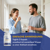 Thumbnail for Zwei Personen mit Wassergläsern neben Provilea OPC Dose und Anwendungstext zu 2 Kapseln