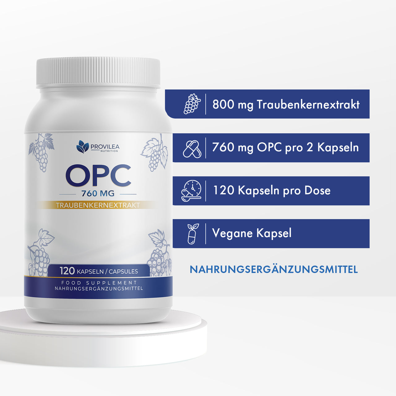 Provilea OPC 760 mg Dose mit 120 Kapseln auf Podest und blauen Hinweisfeldern