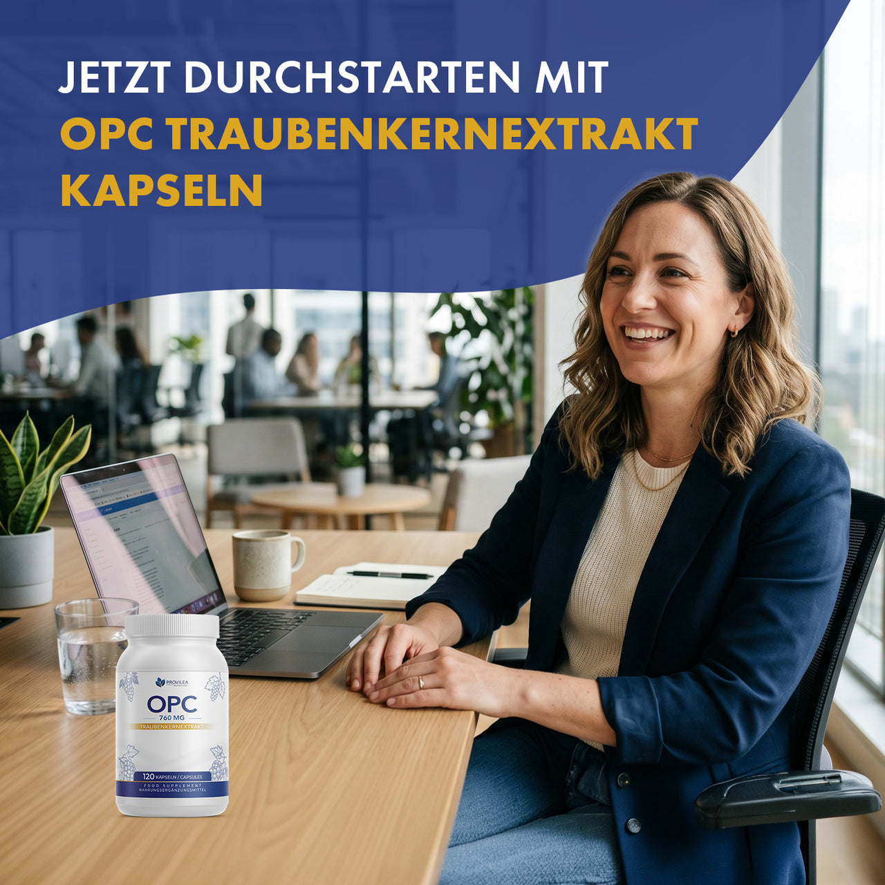 Frau im Büro neben Provilea OPC Dose und großem Schriftzug zu Traubenkernextrakt Kapseln