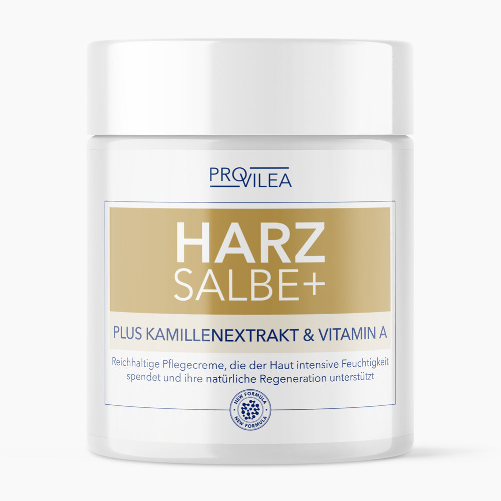 Weiße Kunststoffdose mit Aufschrift HARZSALBE+ Kamillenextrakt und Vitamin A von PROVILEA