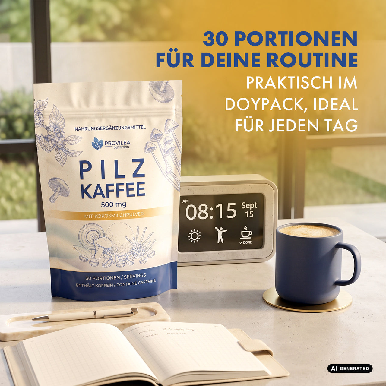 KI-generierte Werbegrafik: Pilz Kaffee 500 mg im Doypack mit 30 Portionen neben einer Tasse Kaffee