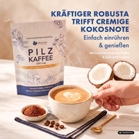 Thumbnail for KI-generiertes Produktmotiv: Pilz Kaffee 500 mg mit Kokosmilchpulver, löslichem Robusta-Kaffee und Koffein