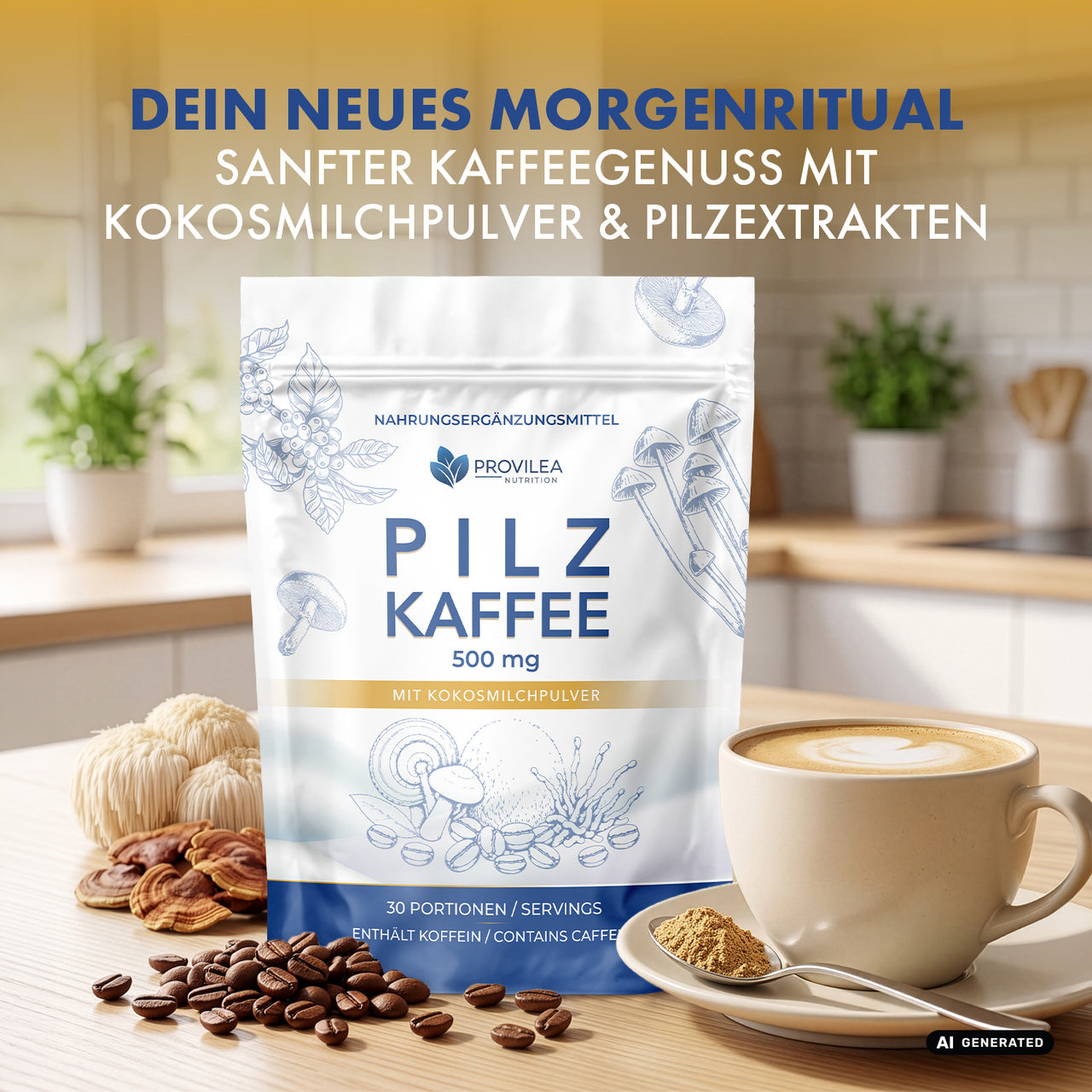 KI-generierte Werbegrafik für Provilea Pilz Kaffee mit Produktbeutel und Kaffeetasse