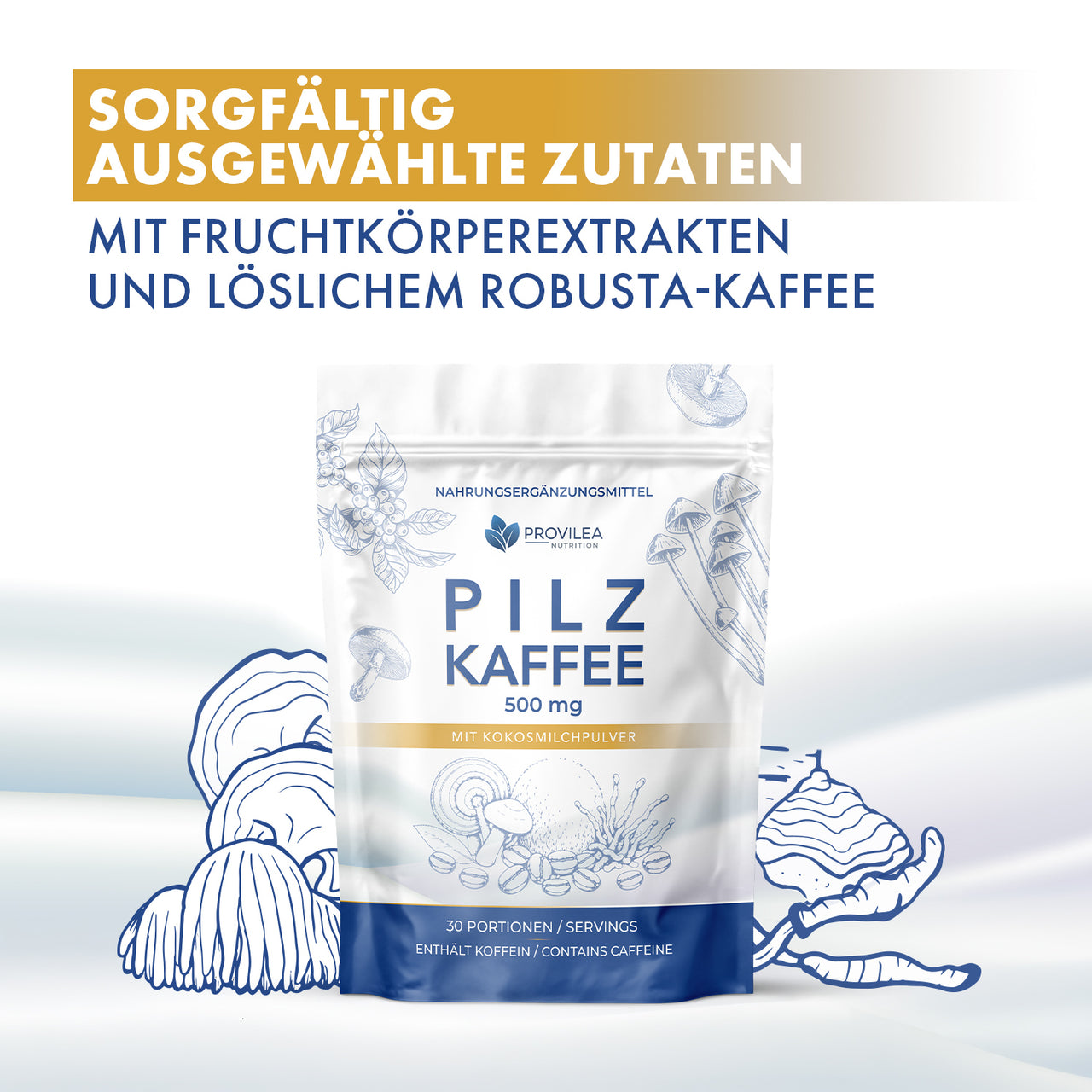 Beutel Pilz Kaffee 500 mg mit Kokosmilchpulver, Fruchtkörperextrakten und löslichem Robusta-Kaffee