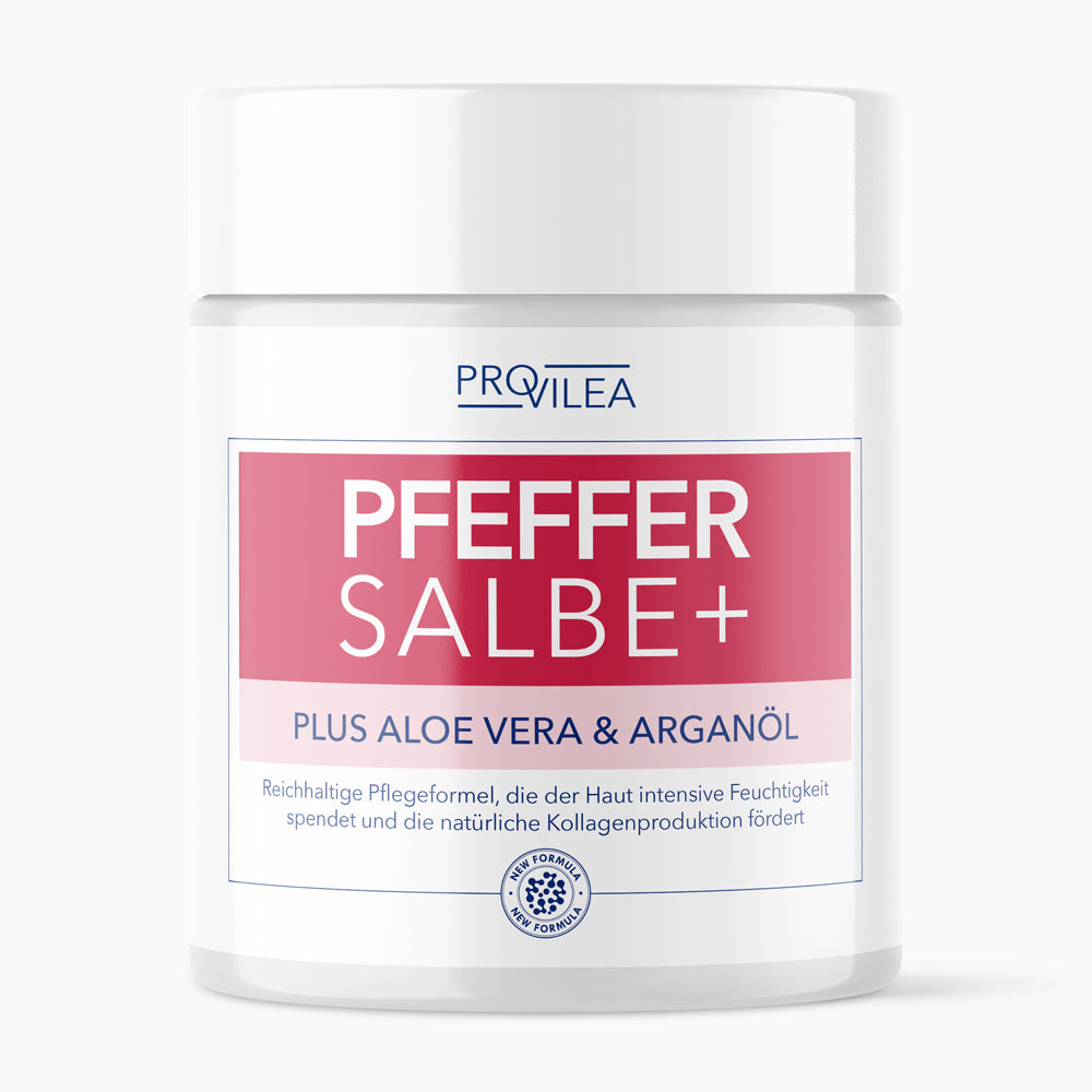 Weiße Kunststoffdose mit Etikett Provilea Pfeffer Salbe plus Aloe Vera und Arganöl
