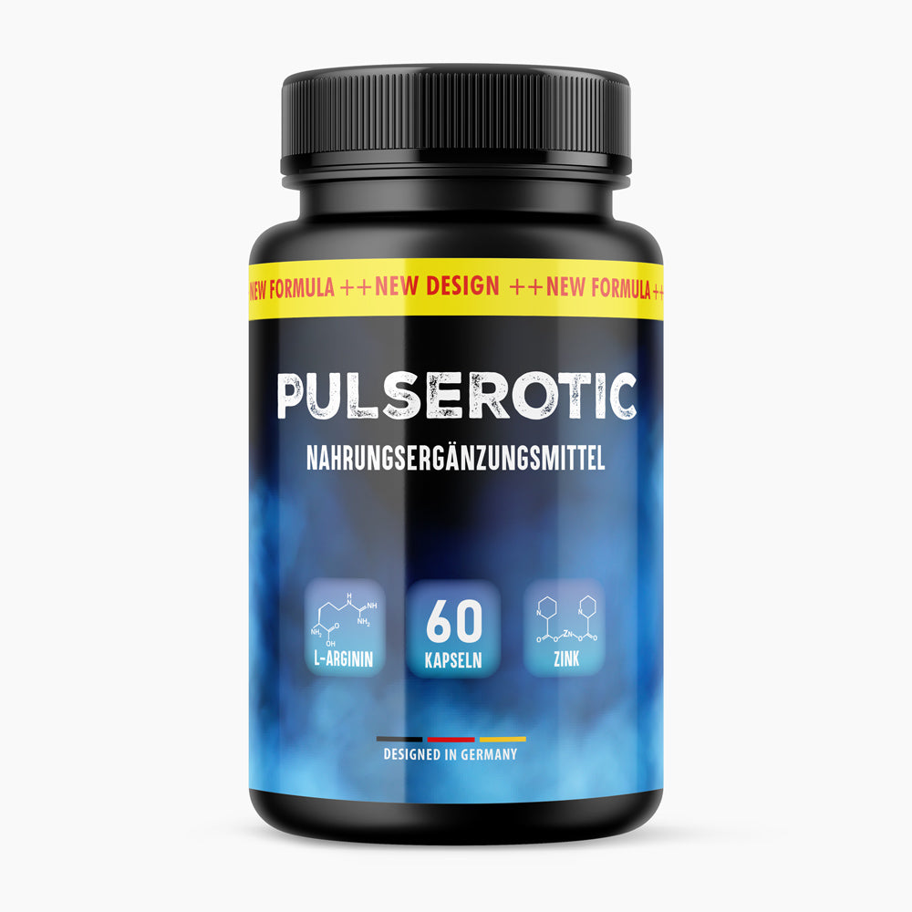 Schwarze Kunststoffdose mit blauem Etikett Pulserotic, 60 Kapseln und Strukturformeln
