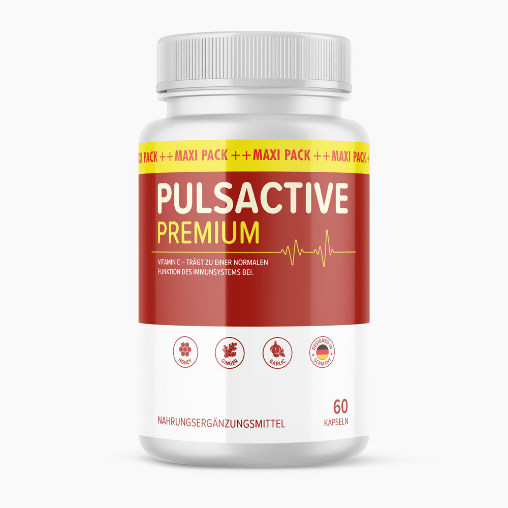 Weiße Kunststoffdose mit rotem Etikett Pulsactive Premium mit Vitamin C und 60 Kapseln