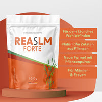 Thumbnail for Weiß-oranger Beutel REASLM Forte  mit 240 g neben Infopunkten zu Pflanzenzutaten und Zielgruppe
