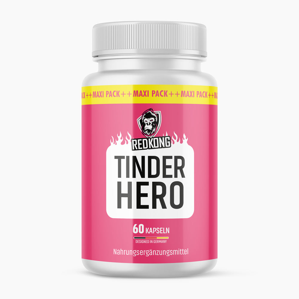 Kunststoffdose Tinder Hero 60 Kapseln mit Gorilla-Symbol Redkong auf pinkem Etikett
