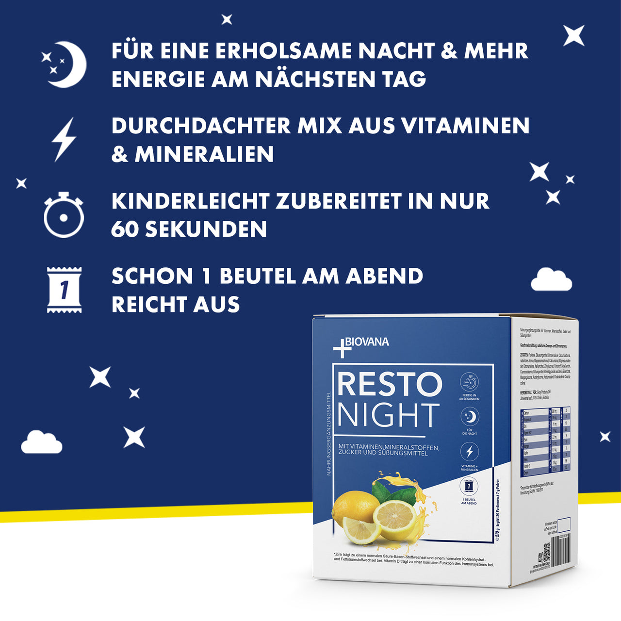 Schlafendes Paar mit Resto Night Produktbox mit Zitronen und Qualitätssiegeln im Vordergrund