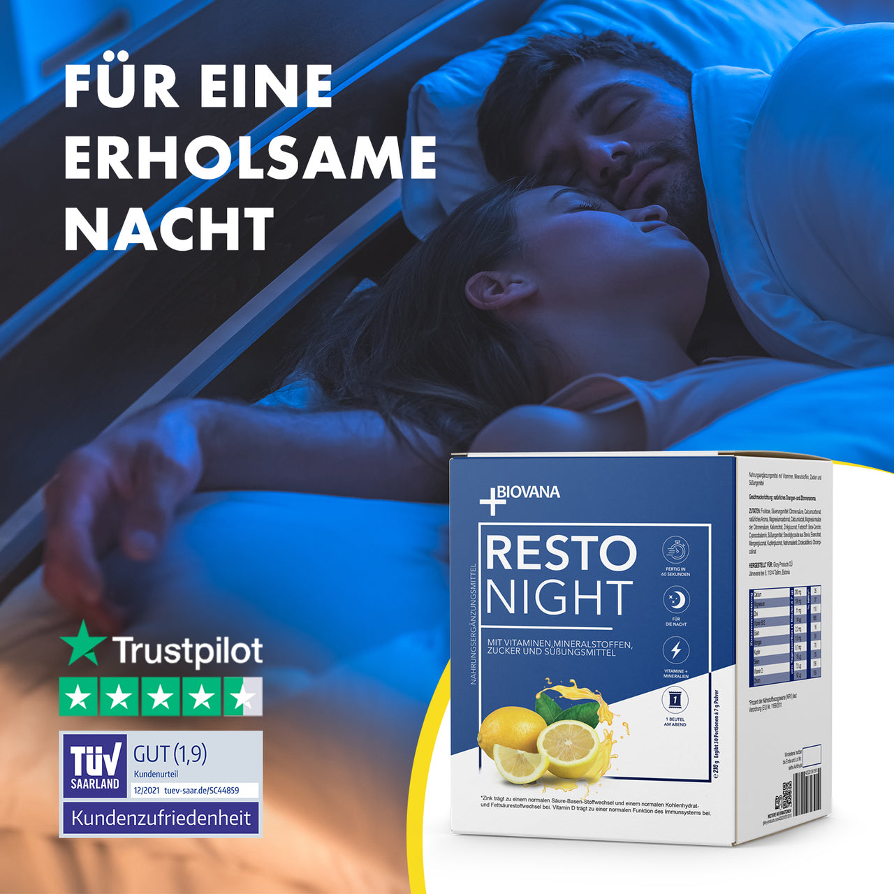 Schlafendes Paar mit Resto Night Produktbox mit Zitronen und Qualitätssiegeln im Vordergrund