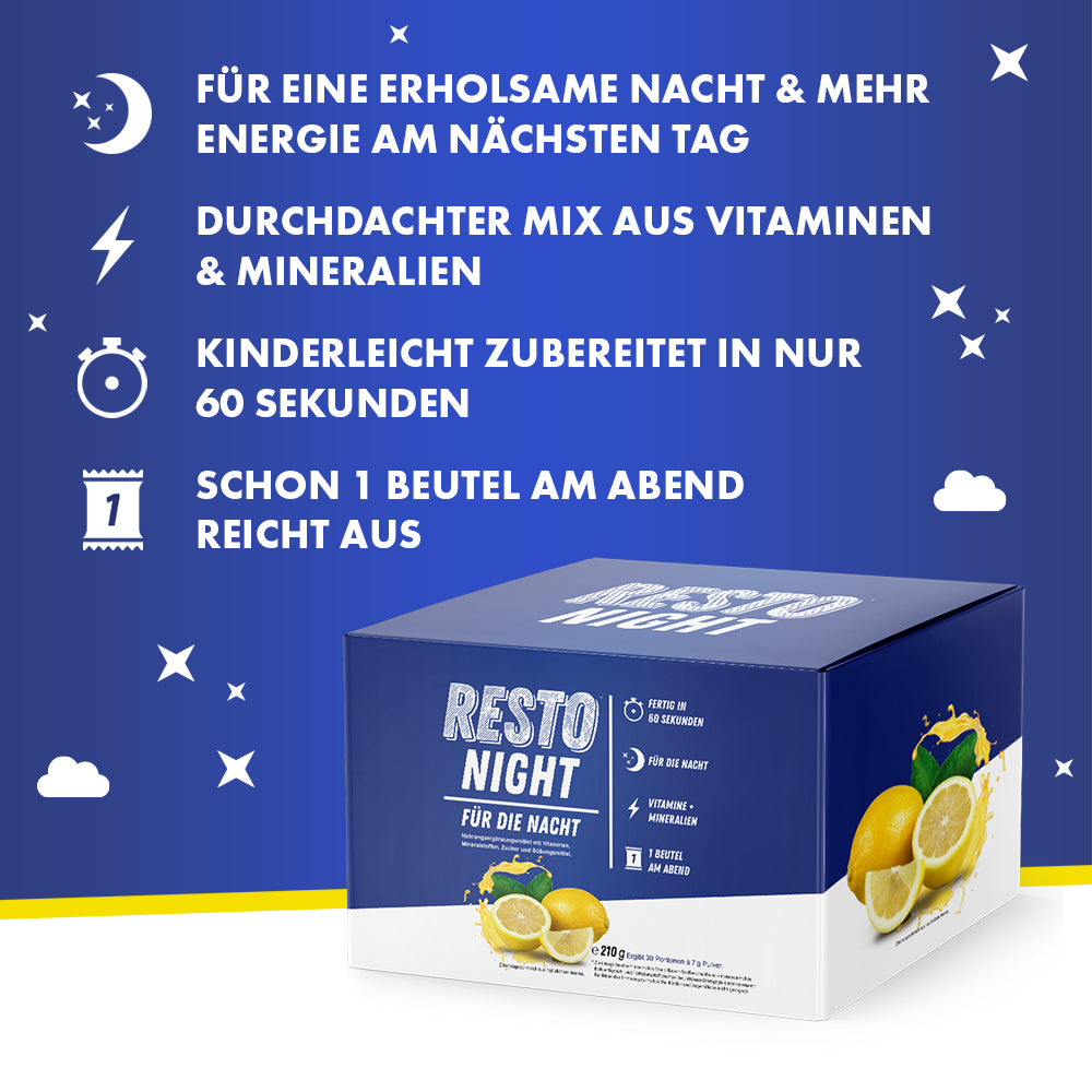 RESTO NIGHT Box mit Vorteilstext wie 1 Beutel am Abend und Zubereitung in 60 Sekunden