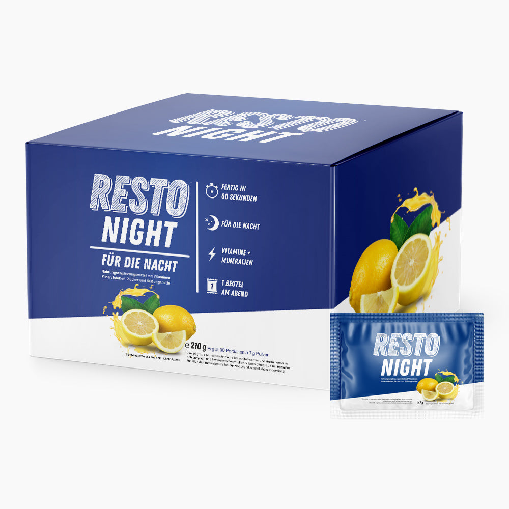Blauer Karton Resto Night mit Zitronenabbildung und Portionsbeutel, 210 g für 30 Portionen