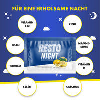 Thumbnail for RESTO NIGHT Einzelbeutel mit Zitronenabbildung umgeben von Kreisen mit Inhaltsstoffen auf