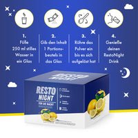 Thumbnail for Verpackung RESTO NIGHT mit grafischer Schritt-für-Schritt-Anleitung zum Anmischen eines Getränks