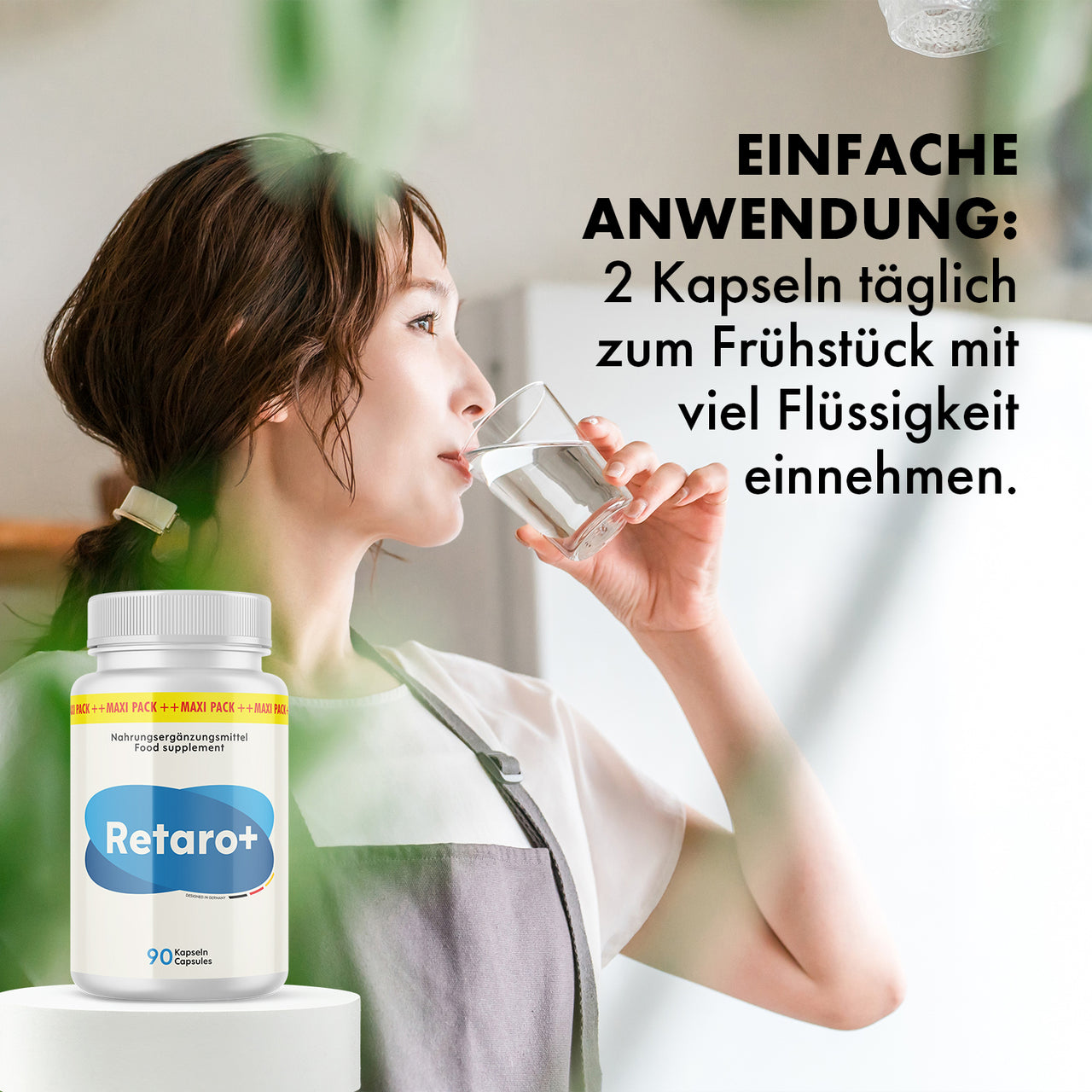 Frau trinkt Wasser neben Retaro Dose mit Text 2 Kapseln täglich zum Frühstück