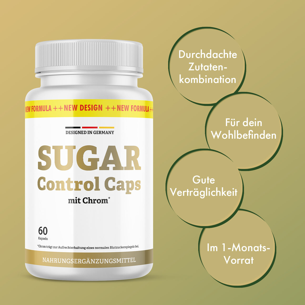 Dose Sugar Control Caps mit Chrom vor grünem Hintergrund, daneben grafische Kreise mit Produkteigenschaften