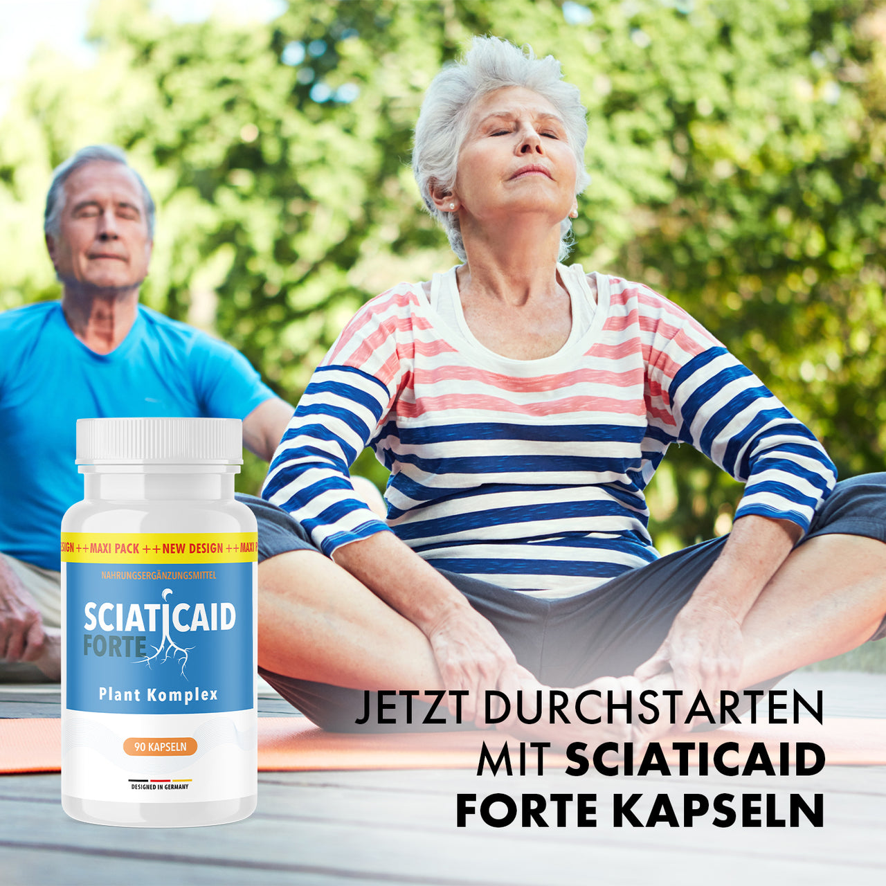 Älteres Paar macht Yoga im Freien neben Sciatic Aid Forte Kapseln zur Unterstützung von Bewegung und Wohlbefinden