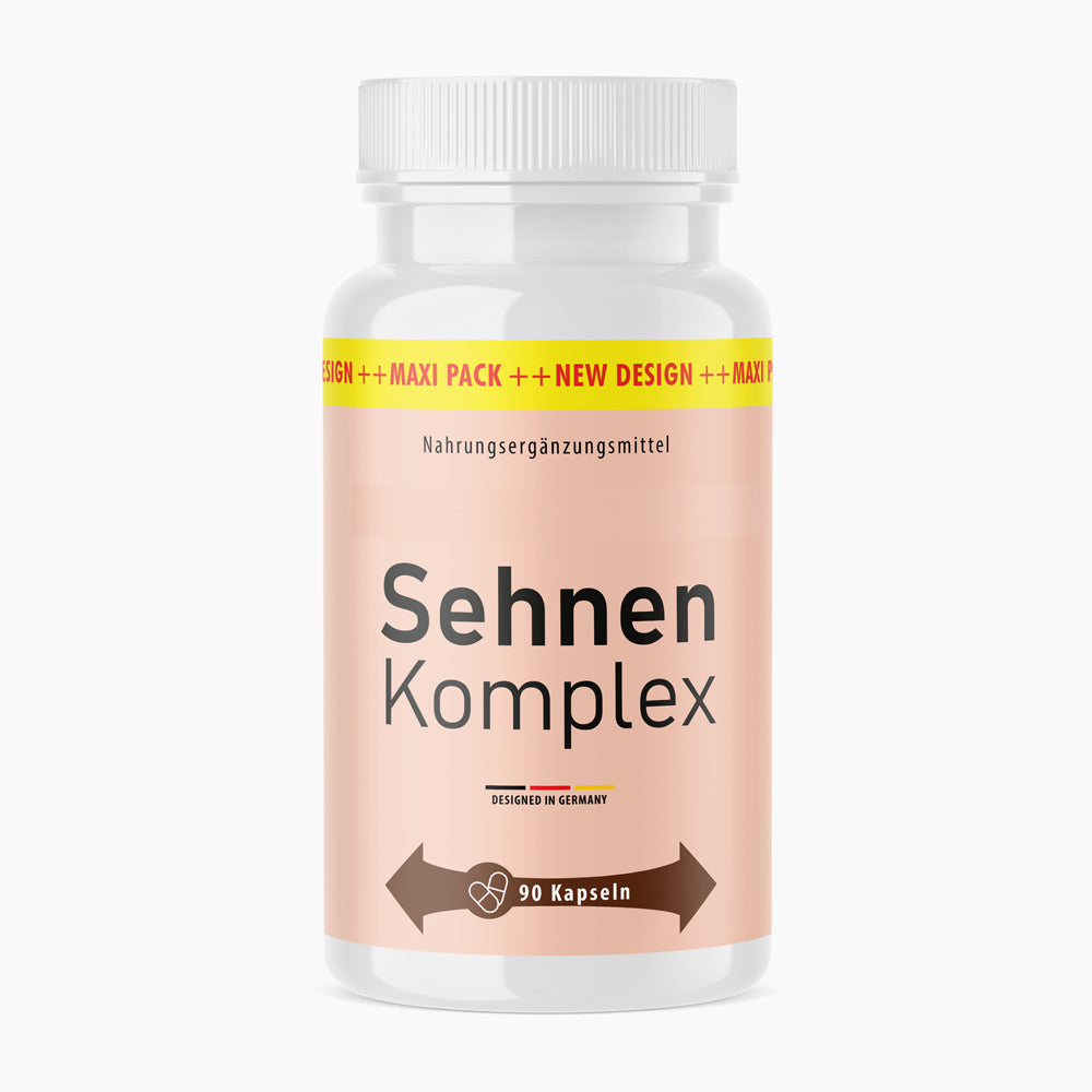 Sehnen Komplex Dose mit hellem Etikett, gelbem New-Design-Streifen und Angabe mit 90 Kapseln