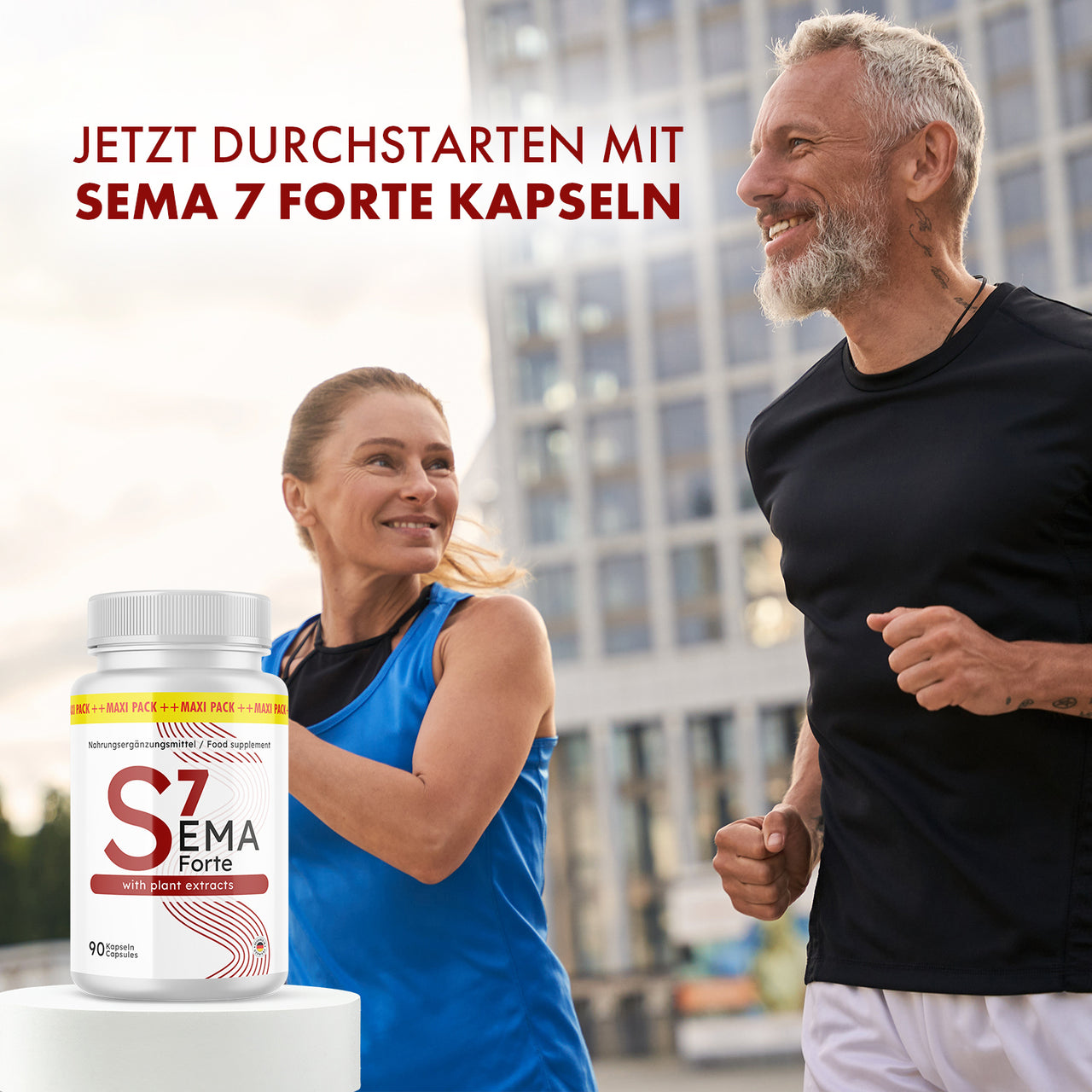 Sema 7 Forte Kapseln mit joggendem Paar und Produktabbildung vor Stadtkulisse