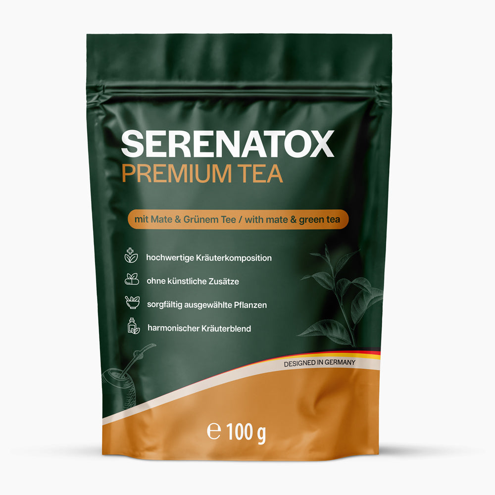 Verpackung Serenatox Premium Tea, 100 g, mit Text zu Mate und grünem Tee