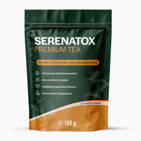 Thumbnail for Verpackung Serenatox Premium Tea, 100 g, mit Text zu Mate und grünem Tee