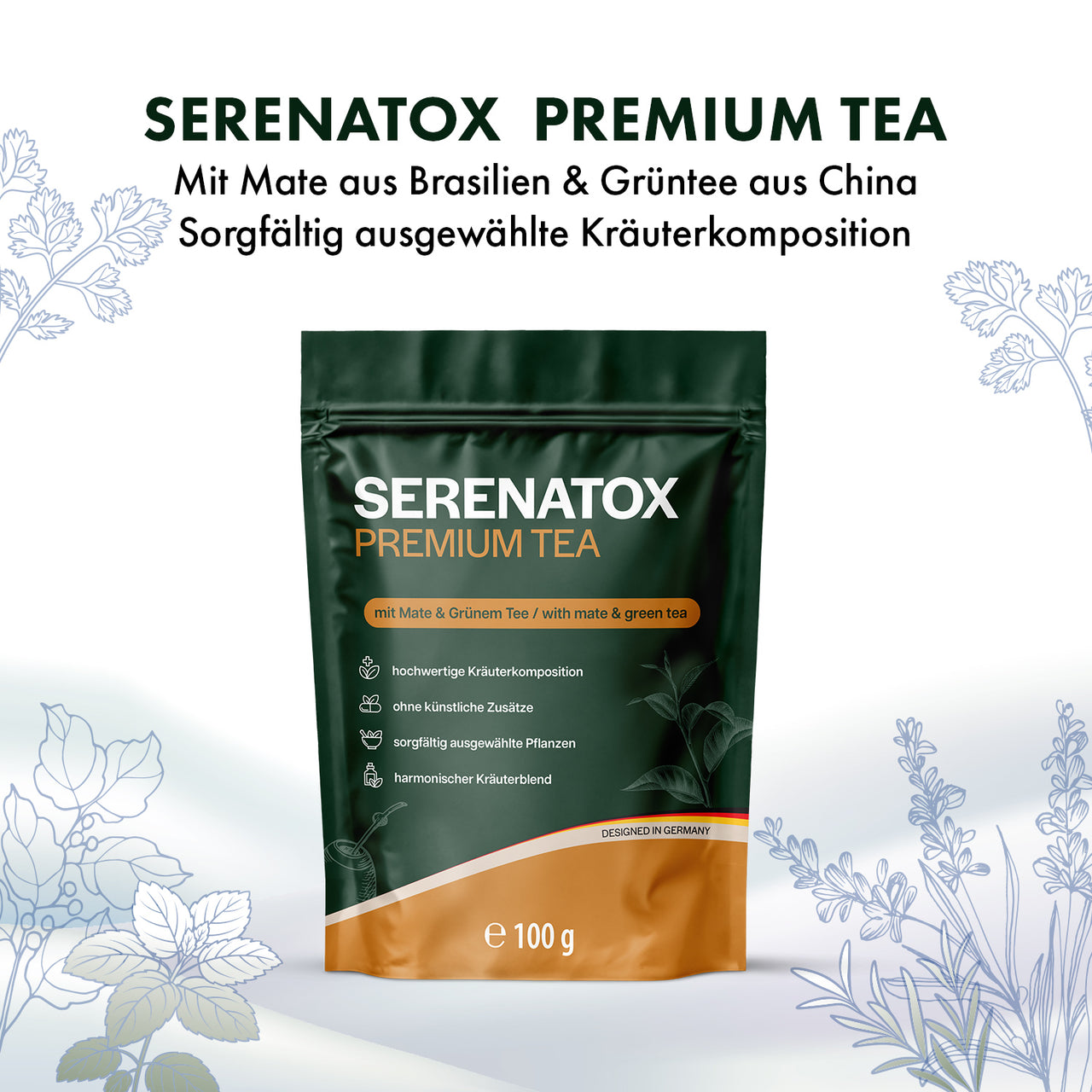 Beutel Serenatox Premium Tea 100 g, oben Text zu Mate aus Brasilien und Grüntee